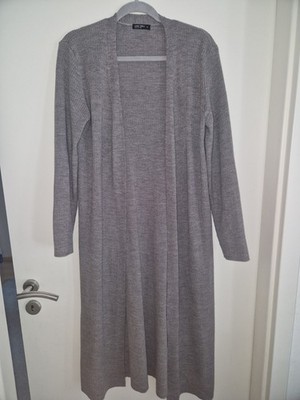 NKD Damen Strickjacke Lange Jacke Mantel Grau Gerippt M 38 L 40