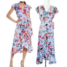 VINCE CAMUTO Blue Floral Faux Wrap Midi Maxi Dress Size 6 Ruffle Wedding Party