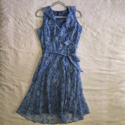 Chaps Blue Floral Ruffle Wrap Sleeveless Midi Dress Size 10