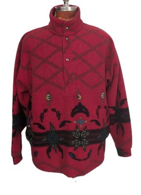 Vintage Eider Red Fleece Pullover Size Medium France Aztec Pattern 