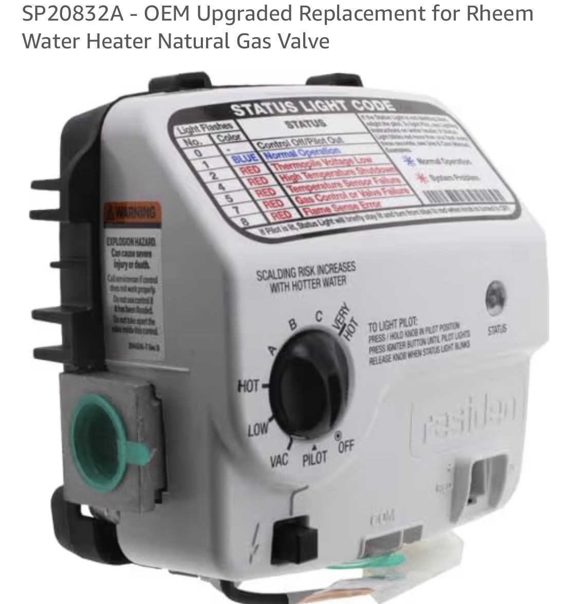 Rheem SP20832A Gas Valve for Water Heater Replacement White Natural Gas