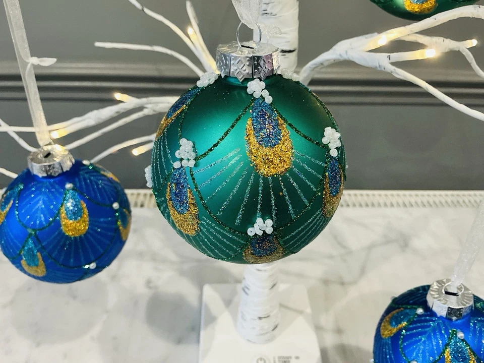 Set of 4 Peacock Decorated Glass Baubles by Elle Vibrant Green Blue With Pearls - Image 4 of 4