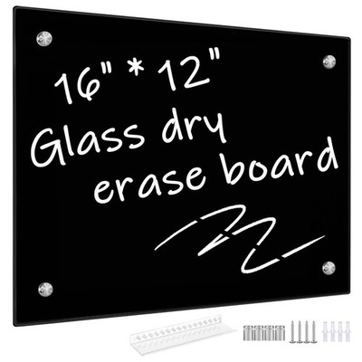 Okydoky Black Glass Dry Erase Whiteboard, 12'' x 16'' Frameless White Board for...
