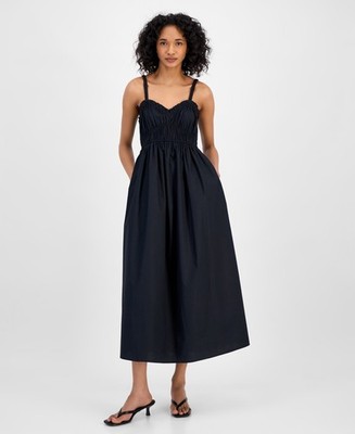 BOSS Orange Sweetheart-Neck Sleeveless Midi Dress Women's Black Solid Pullover