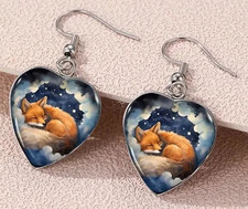 Cute Fox Glass Dome Heart Drop Earrings Moon Night Design Jewellery Gift New