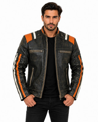 Men s Cafe Racer Retro 3 Biker Striped Distressed Sheepskin Black Leather Jacket
