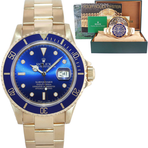 MINT Rolex 16618 Submariner 18K Yellow Gold Blue Sunburst 40MM...