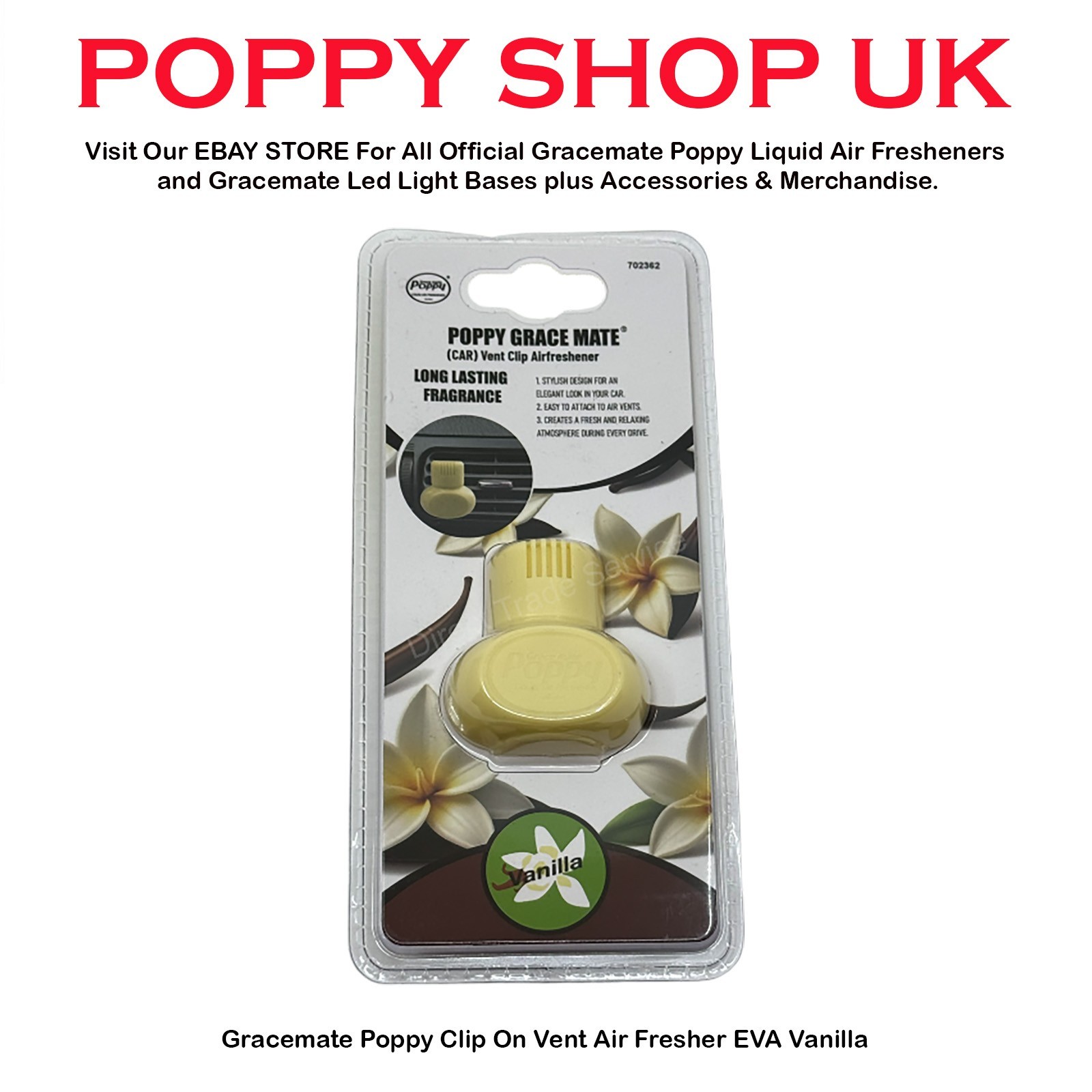 Gracemate Poppy  Air Freshener Vanilla Clip on Vent EVA- FREE NEXT DAY DELIVERY