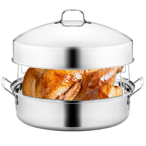 Qpmr 22 Stainless Steel Roasting Pan Lid And Rack25Lb Capacitylarge Roaster Pan - Picture 1 of 7