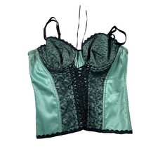 Fredericks of Hollywood Green Satin Black Lace Corset Bustier Top Vintage 36