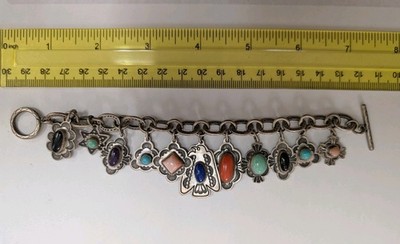 Don Lucas Sterling Silver Multi Stone Charm Bracelet Toggle Clasp 46.4 Grams