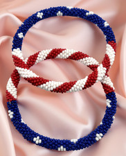 Set of 2 Red, White, and Blue USA Flag Patriotic Colors Crochet Glass Bracelets