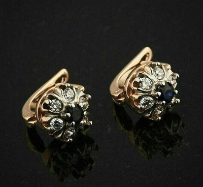 Art Deco Style Lab Created Diamond & Sapphire Wedding 14K Rose Gold FN Earrings