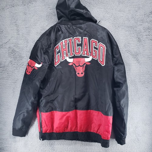 Vtg Mens Chicago Bulls Pro Player Pullover Jacket Half Zip Hooded Red Black Sz M - Picture 16 of 18