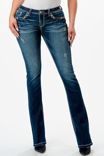 Grace in LA Women's Aztec Embroidered Pockets Distressed Stretch Bootcut Jeans - Imagen 2 de 3