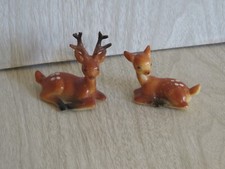 VTG 1960s Set 2 Plastic Fawn Deer Painted Blue Eyes Christmas Figurines 2" READ