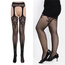Women Flower Fishnet Stockings Pantyhose Rhinestones Suspender Tights