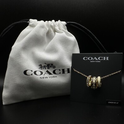 Coach Monogram Black Enamel Gold Ring Charm Necklace | Giftable, New | Packaging