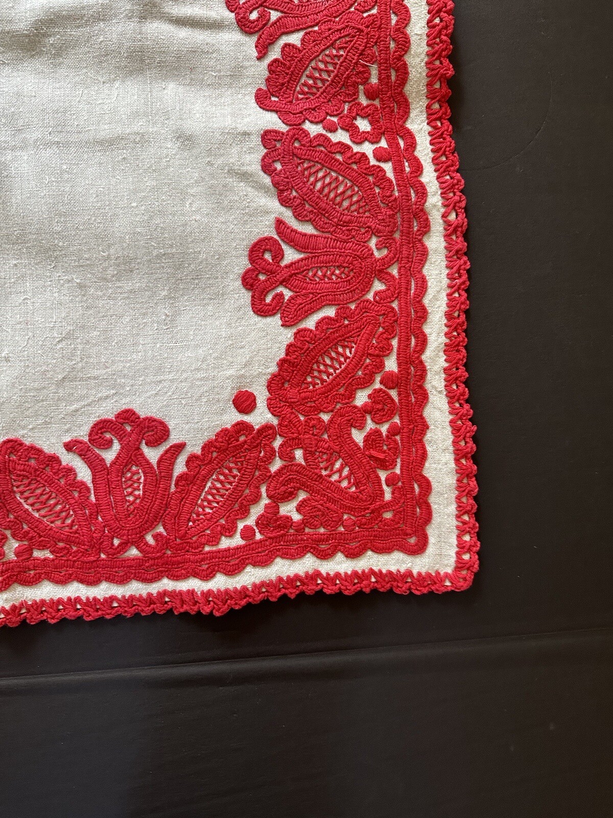 Vintage Densely Embroidered Table Mat Handmade Sweden 23” Red & White Christmas