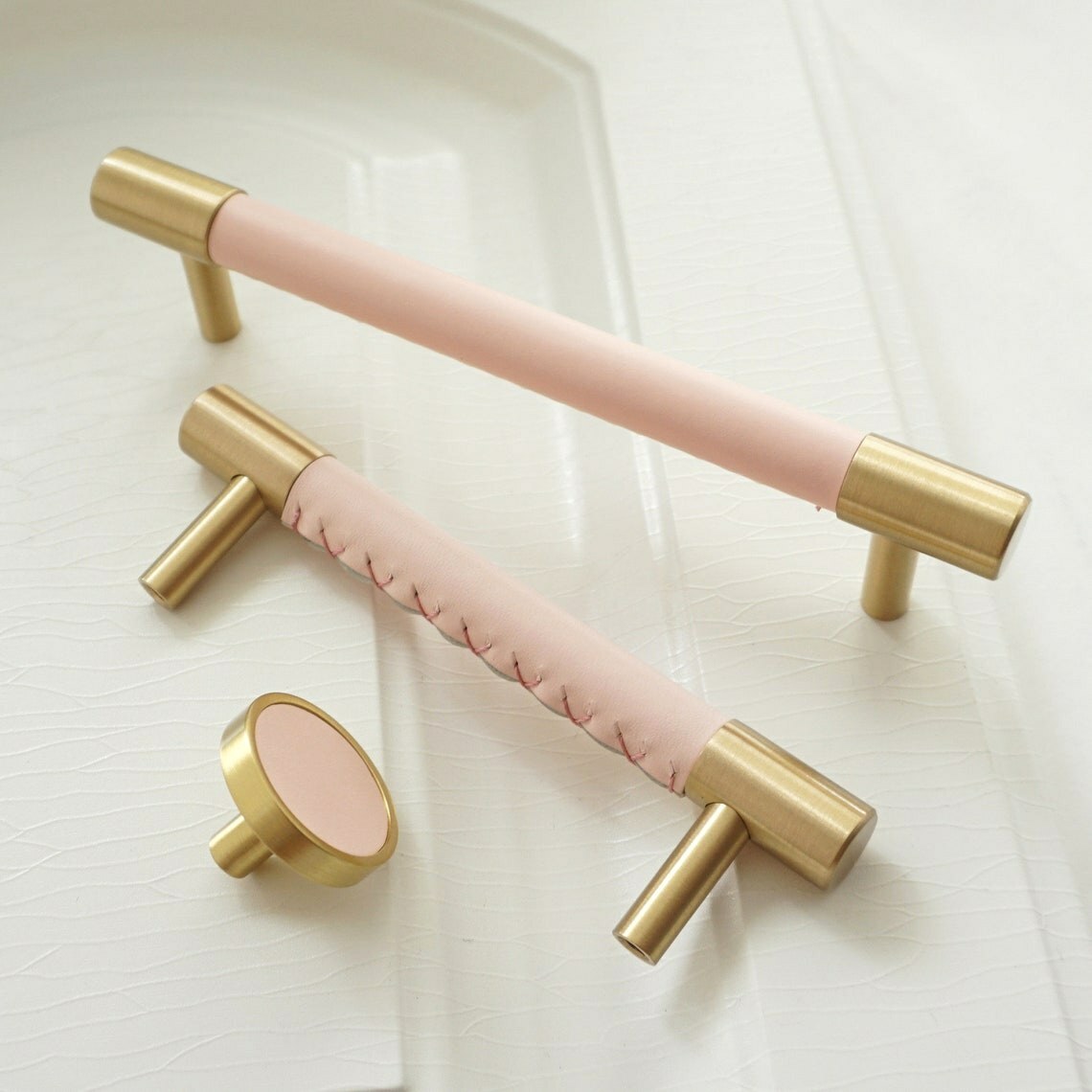 Pink Leather Trim Brass Dresser Wardrobe Cabinet Drawer Handles
