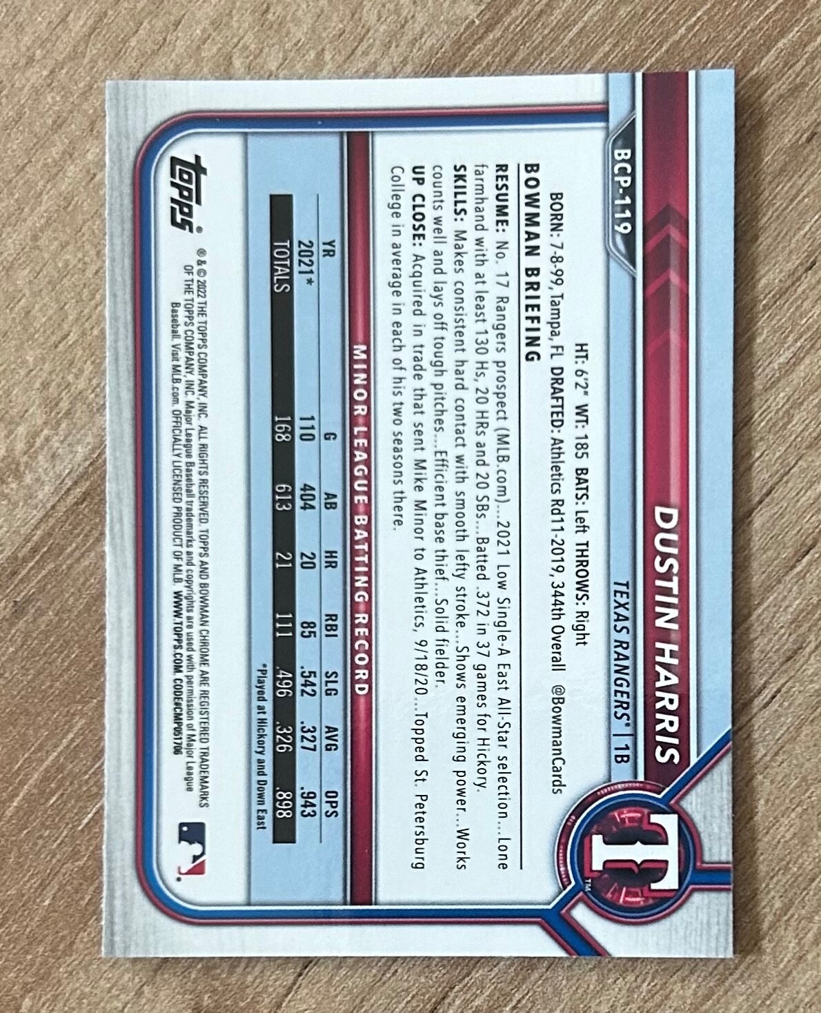 2022 Bowman Dustin Harris Chrome BCP119 1st Bowman Texas Rangers