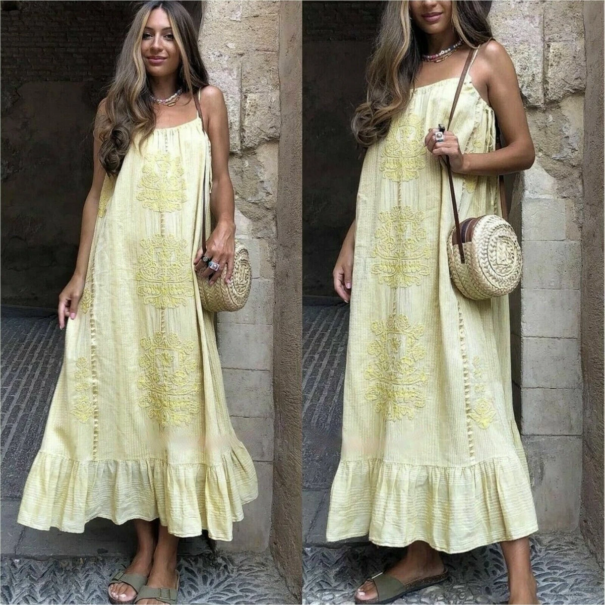 ZARA Boho Embroidered Embroidery Dress Washed Green Cotton New RUNS BIG