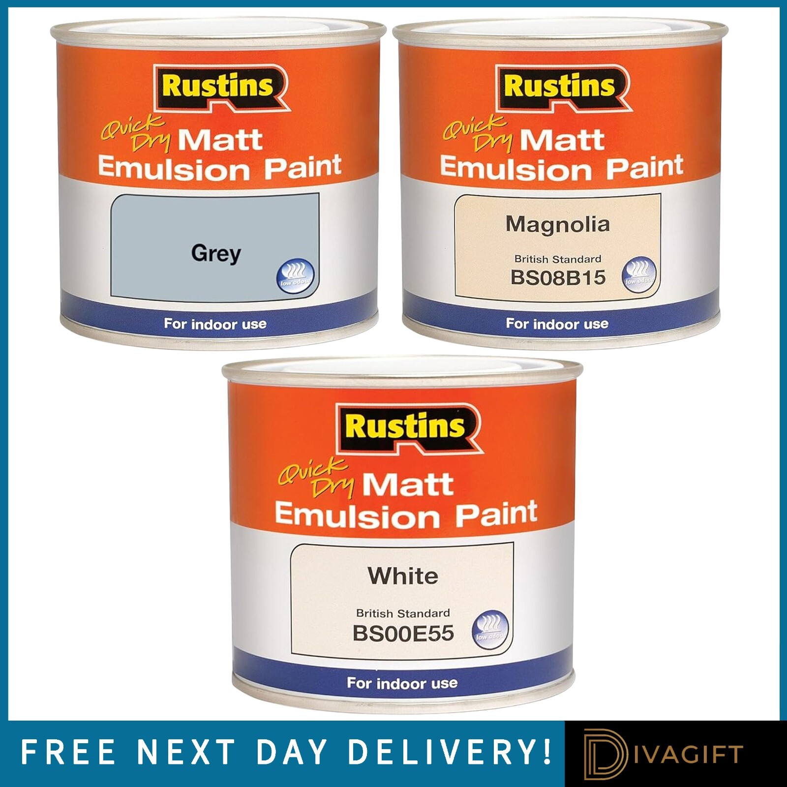 RUSTINS QUICK DRY MATT EMULSION PAINT WHITE GREY MAGNOLIA INDOOR USE 250ML 500ML