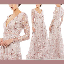 NEW$798 Mac Duggal [ 14 ] Embellished V-Neck Long Sleeve A Line Gown Rose G1963