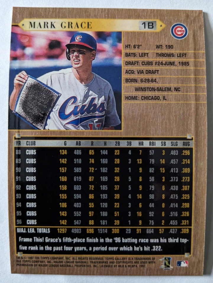 MARK GRACE, 1997 TOPPS GALLERY #48, CUBS - Image 2 of 2