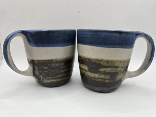 CHATHAM POTTERY ANTHONY  3-1/2" MUGS Set Of (2) Blue Brown White