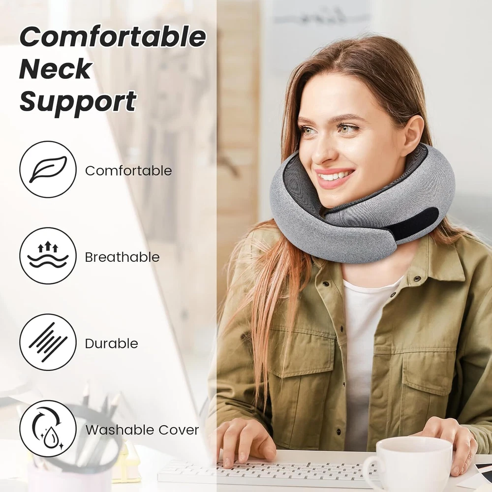 Memory Foam Travel Neck Pillow for Airplanes in Light Gray
