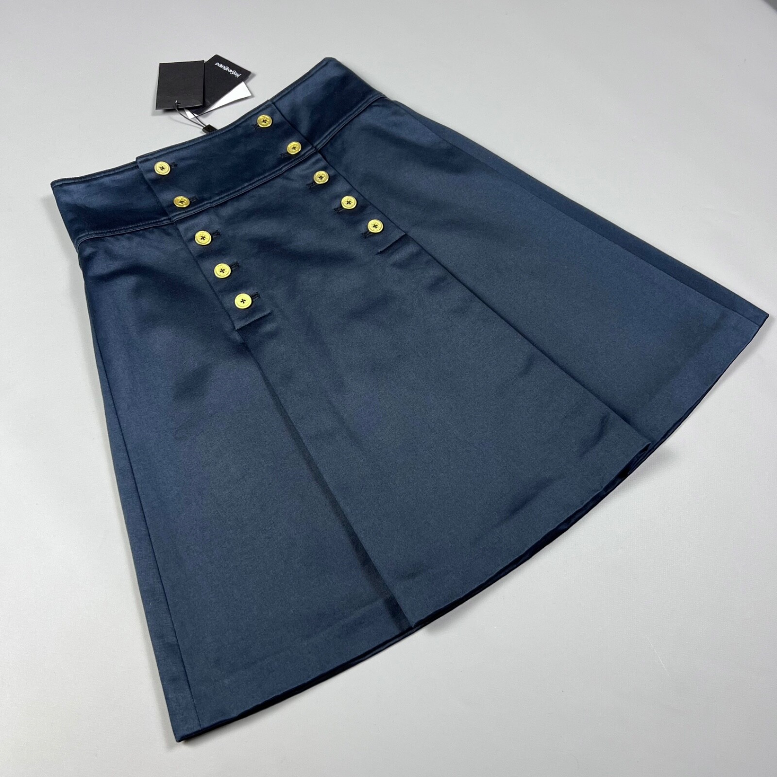 RRP €740 Nuova gonna a vita alta YVES SAINT LAURENT taglia 38 bottoni oro navy davanti