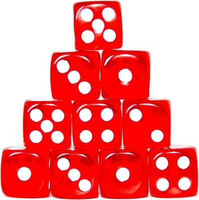 Set of 10 Six Sided Rounded Translucent 16mm D6 Dice - Red with White