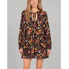 Free People Daisy Jane Mini Dress Womens M Black Retro Floral Boho Tunic Beachy