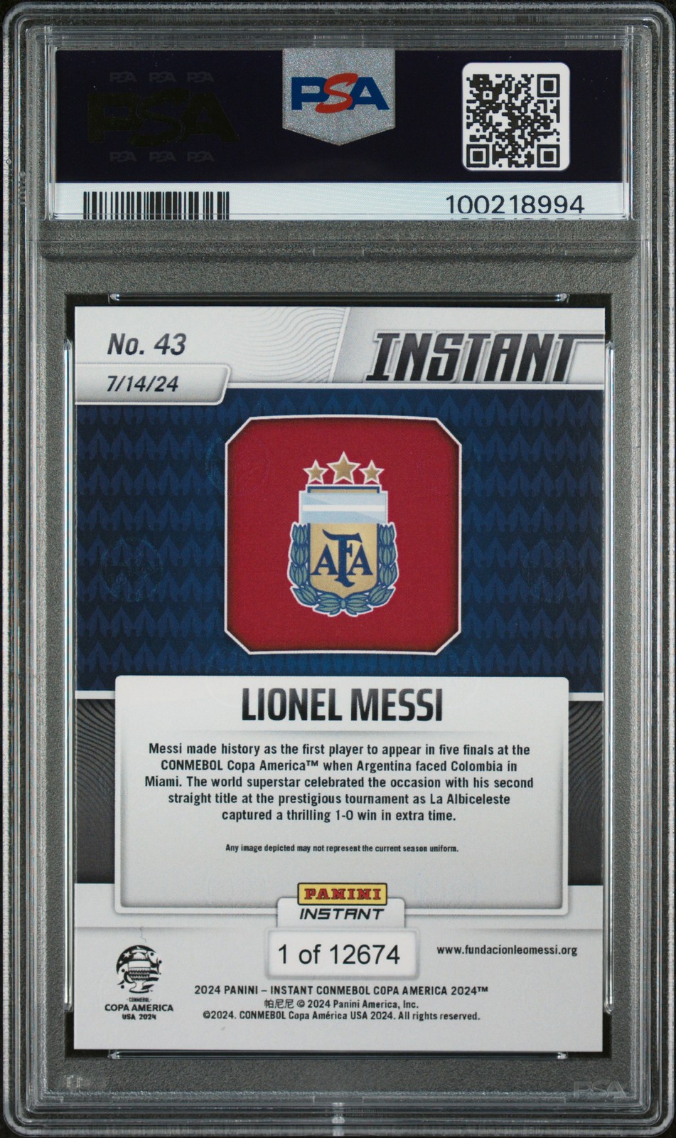 2024 PANINI INSTANT CONMEBOL COPA AMERICA 2024 #43 LIONEL MESSI PSA 10 view 2