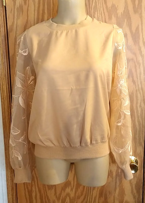 Express   Floral Sheer Embroidered Sleeve Boho Cottagecore Blouse SZ S Tan NEW