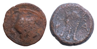 Gaul. Massalia 220 211 BC . Æ 20mm. 6 5g. Helmeted head of Athena Tripod