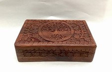 Vintage Wooden Carved Tree Of Life Red Velvet Lining Keepsake Jewelry Box 8  x 5  