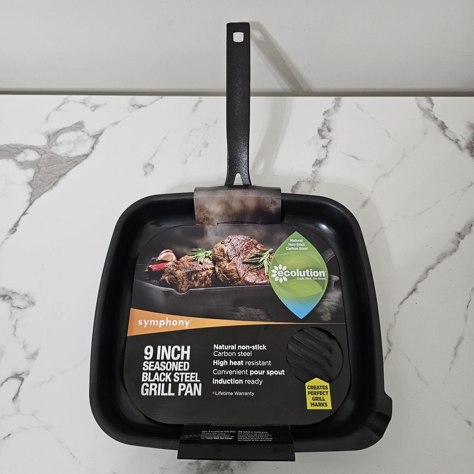 Symphony 9-inch Seasoned Black Steel Grill Pan ESSC-3523 Carbon Steel, Non-stick