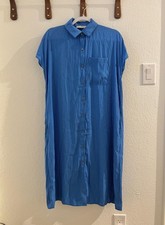 Lola & Sophie Shirt Dress Womens Small Blue Collared Button Front Midi Pockets