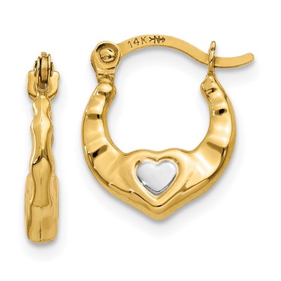 14K Gelbgold & Weiß Rhodium Herz Hohl Creolen 0,4gm L-12mm B-10mm