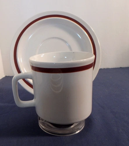 4 Genuine Stoneware Coffee Cup Saucer, 8 Oz Mugs Japan White Brown Stripe