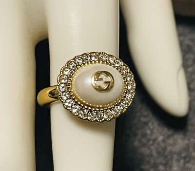 Authentic Gucci Interlocking G logo Oval Faux Pearl and Crystal