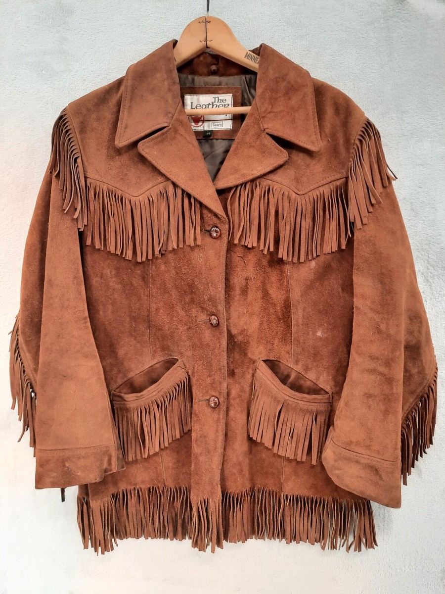 Vintage 70s Fringe Trapper Suede Brown Mid Leather Jacket Sears  