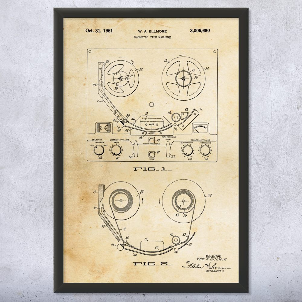 Magnetic Tape Machine Patent Wall Art Poster, Canvas or Framed Musician Gifts