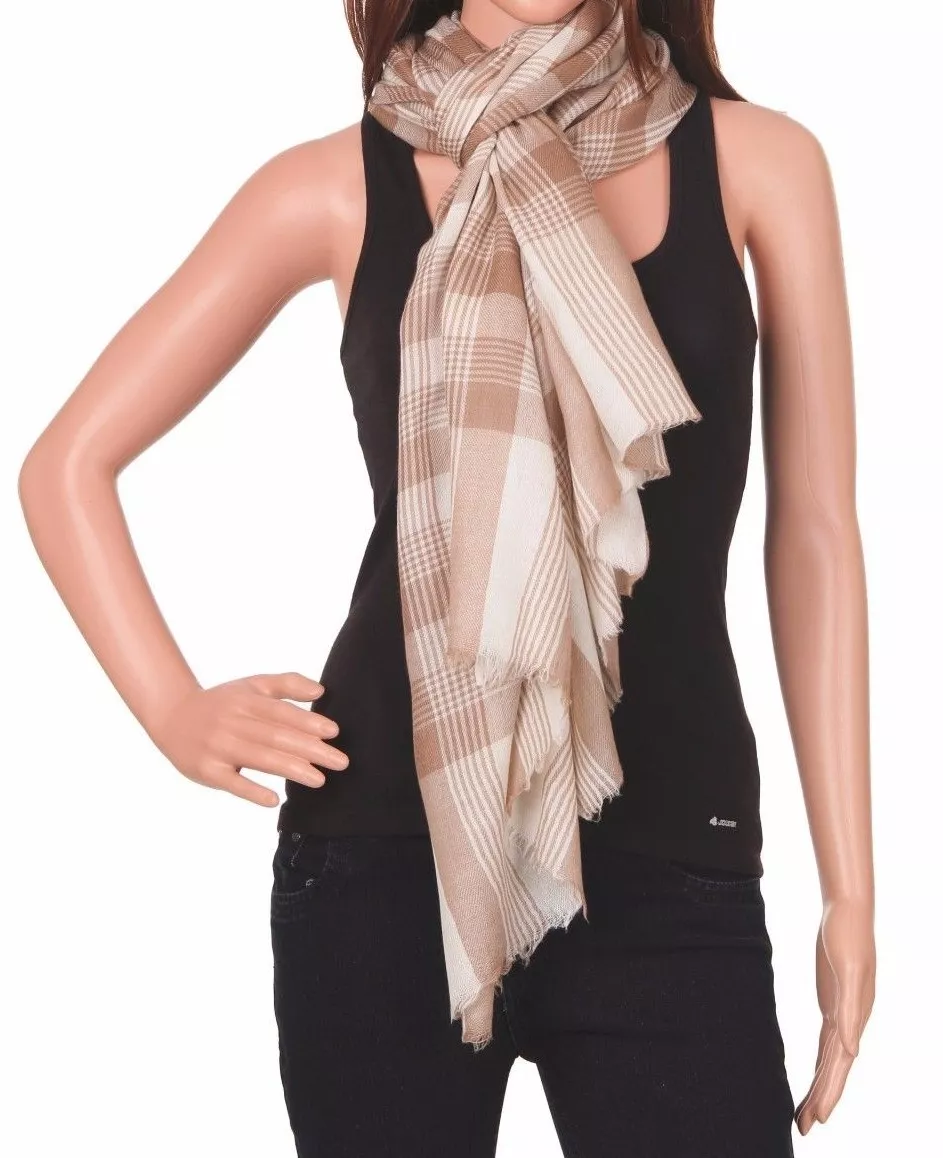 Classy Stylish Kashmiri fine wool Scarf Stole Wrap check plaid cream & brown