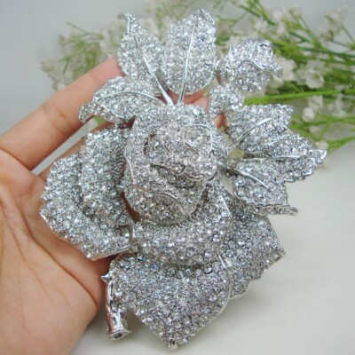 5.35'' Heavy Crystal Brooch Rose Flower Bride Charming Leaf Bridesmaid Brooch Pin