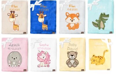 BE MAMMY Personalisierte Babydecke mit Name und Geburtsdatum 3D bestickt 76cm x 102cm