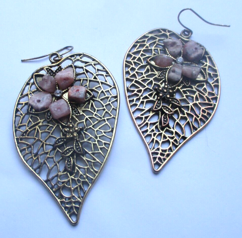 Boucles D'oreilles Pendantes Vintage – Bronze, Perles Multicolores, Bijou 2413