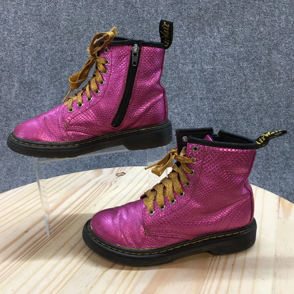 Botas de caminhada juvenil Dr Martens 1 couro rosa com cadarço réptil relevo zíper 1460 - Imagem 2 de 4